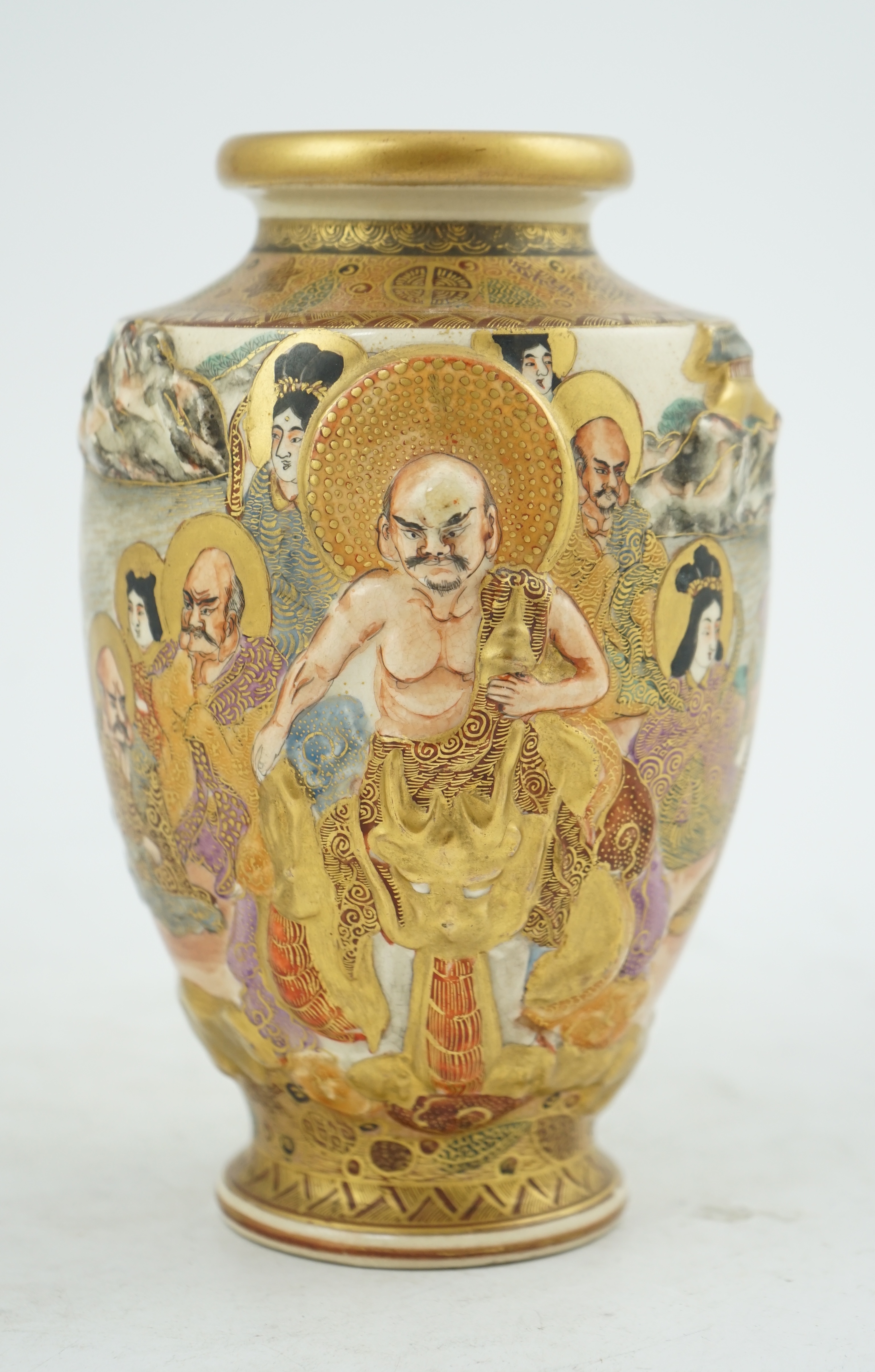 A Japanese Satsuma relief moulded ‘rakan’ vase, Meiji period